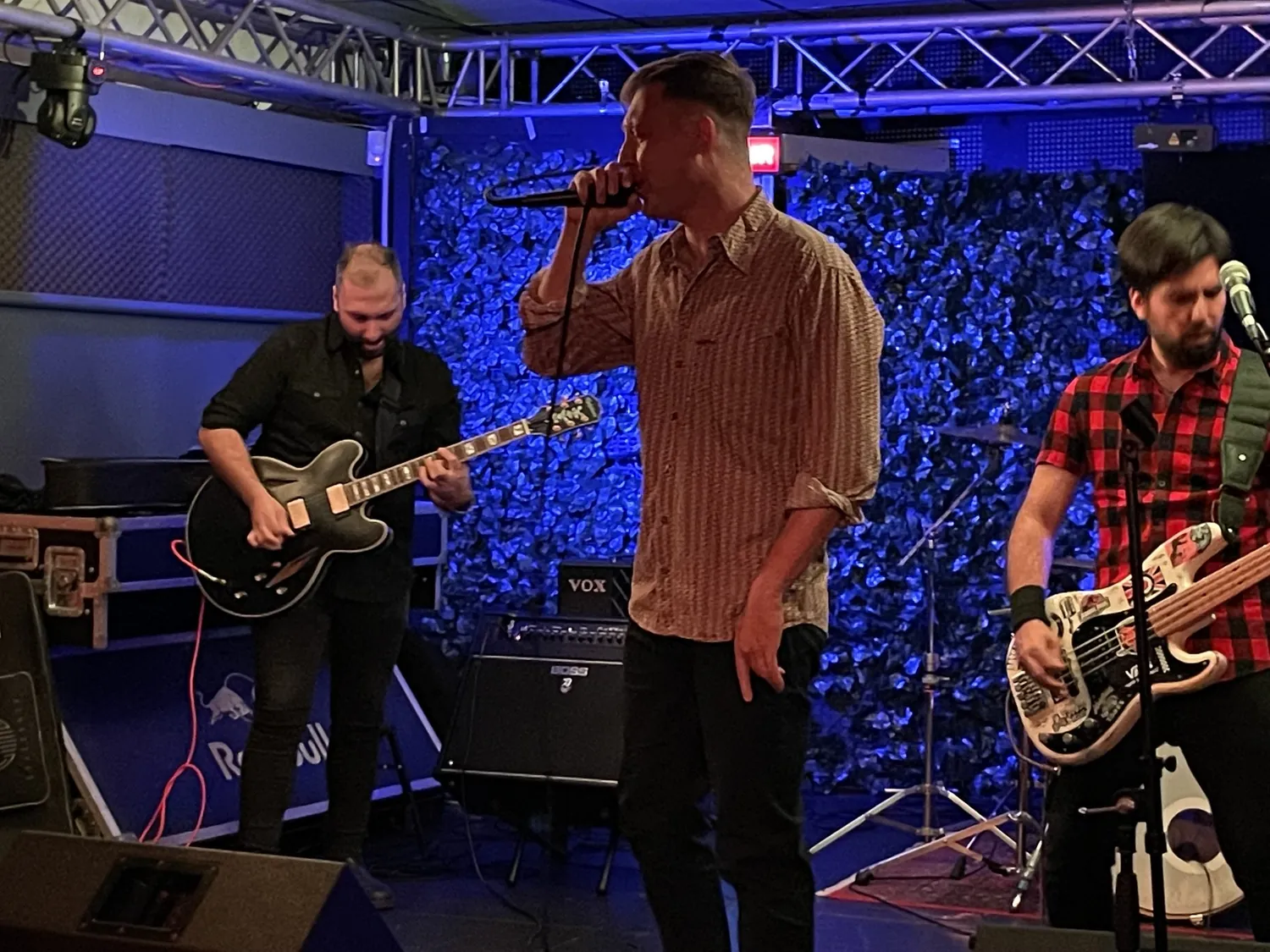 Vocalist and guitarists on stage
